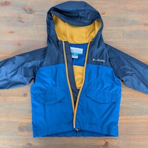 Columbia Blue and Navy Kids' Hooded Rain Jacket with Yellow Lining